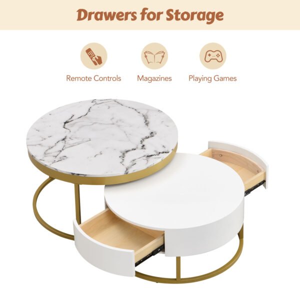 Modern Round Nesting Coffee Table with Drawers in White - Image 8