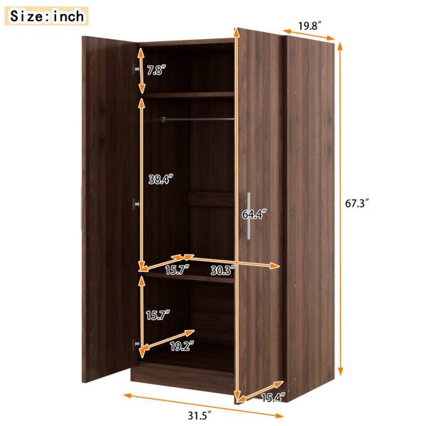 2-Door Wooden Wardrobe Armoire with 3 Storage Shelves  Brown - Image 15