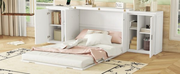 Full Size Murphy Bed with Shelves, Cabinets and USB Ports,White - Image 14