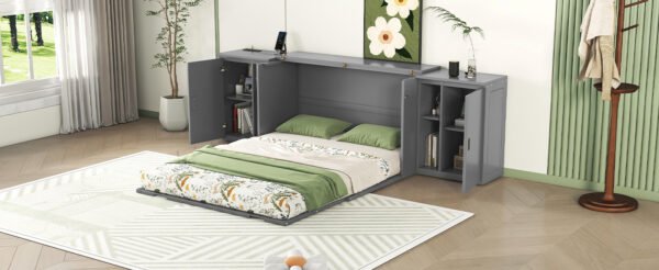 Queen Size Murphy Bed with Shelves, Cabinets and USB Ports,Gray - Image 13