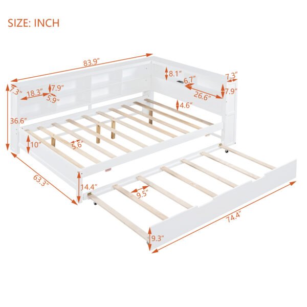 Wooden Full Size DayBed with Twin Size Trundle, DayBed with Storage Shelf and USB Charging Ports,White - Image 16