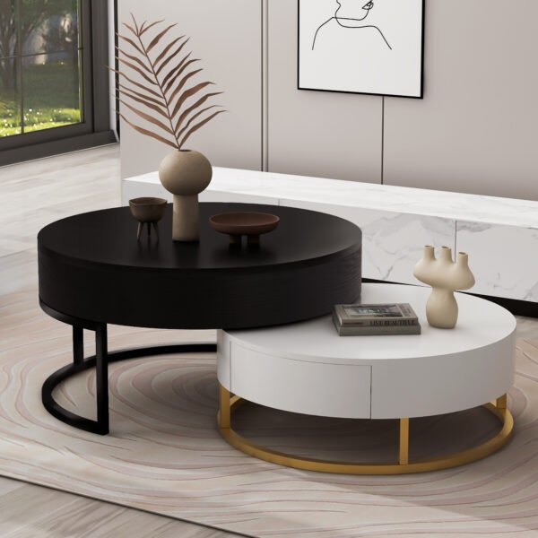 Modern Round Lift-top Nesting Coffee Tables with 2 Drawers White & Black - Image 11