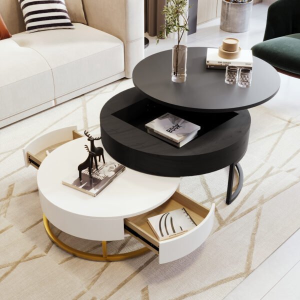 Modern Round Lift-top Nesting Coffee Tables with 2 Drawers White & Black - Image 2