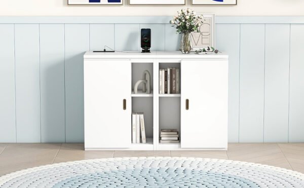 Queen Size Murphy Bed with Shelves, Cabinets and USB Ports,White - Image 12