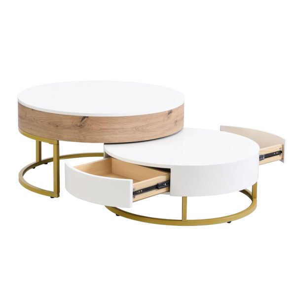 Modern Round Lift-top Nesting Coffee Tables with 2 Drawers White & Natural - Image 16