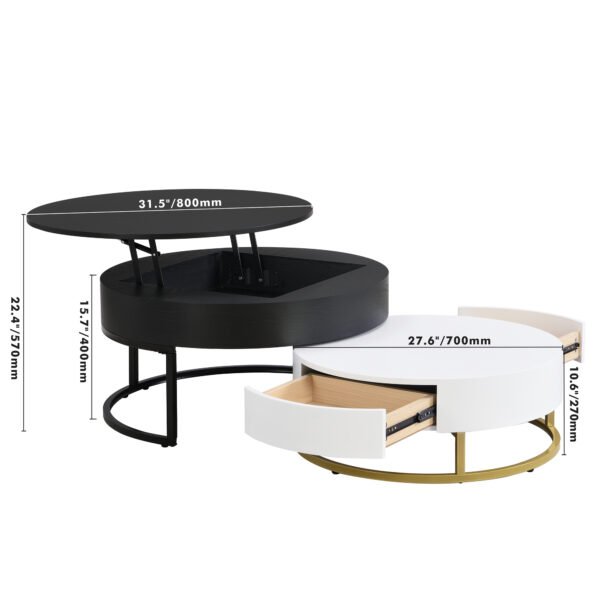 Modern Round Lift-top Nesting Coffee Tables with 2 Drawers White & Black - Image 19