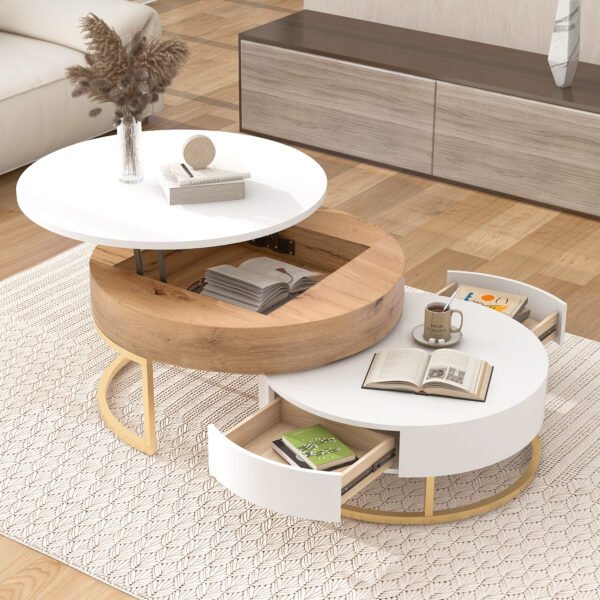 Modern Round Lift-top Nesting Coffee Tables with 2 Drawers White & Natural - Image 13