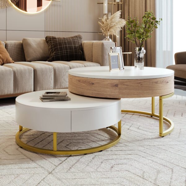 Modern Round Lift-top Nesting Coffee Tables with 2 Drawers White & Natural - Image 5