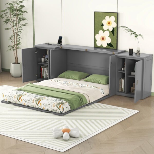 Queen Size Murphy Bed with Shelves, Cabinets and USB Ports,Gray - Image 11