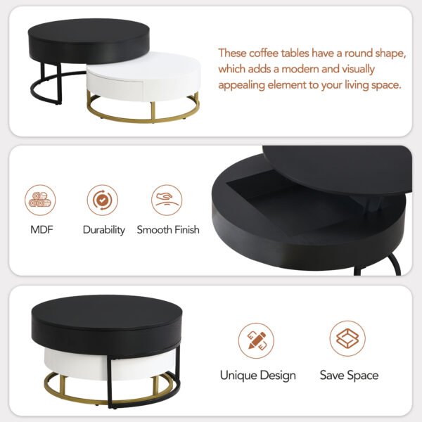 Modern Round Lift-top Nesting Coffee Tables with 2 Drawers White & Black - Image 7