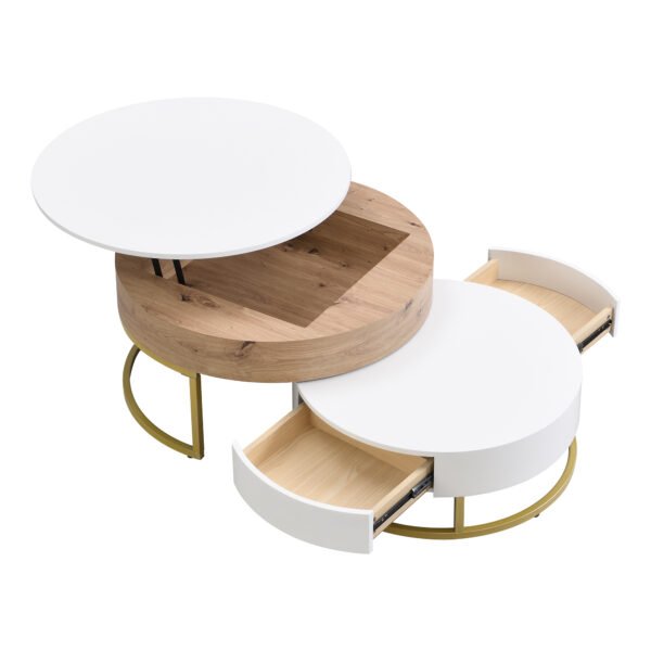 Modern Round Lift-top Nesting Coffee Tables with 2 Drawers White & Natural - Image 21