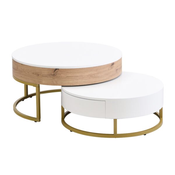 Modern Round Lift-top Nesting Coffee Tables with 2 Drawers White & Natural - Image 23