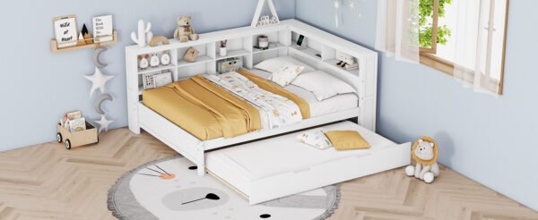 Wooden Full Size DayBed with Twin Size Trundle, DayBed with Storage Shelf and USB Charging Ports,White - Image 2