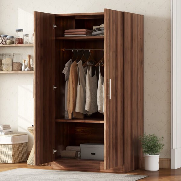 2-Door Wooden Wardrobe Armoire with 3 Storage Shelves  Brown - Image 16