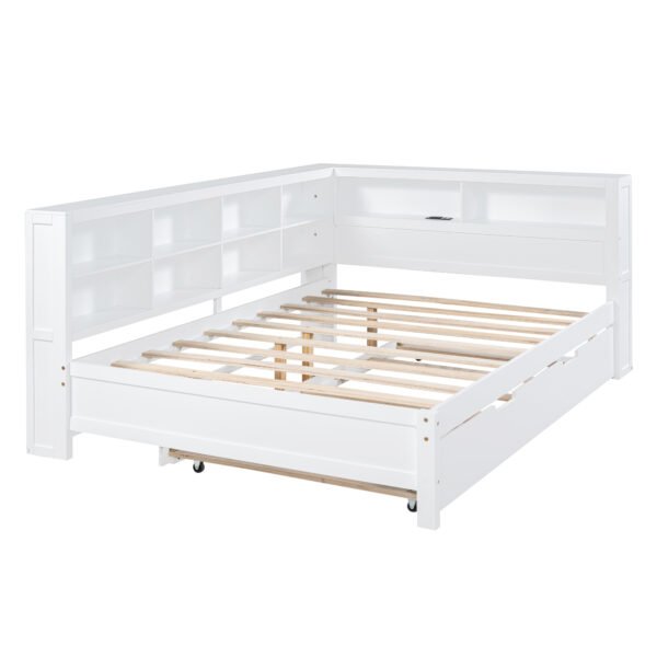 Wooden Full Size DayBed with Twin Size Trundle, DayBed with Storage Shelf and USB Charging Ports,White - Image 4