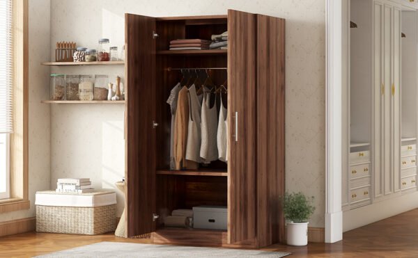 2-Door Wooden Wardrobe Armoire with 3 Storage Shelves  Brown - Image 18