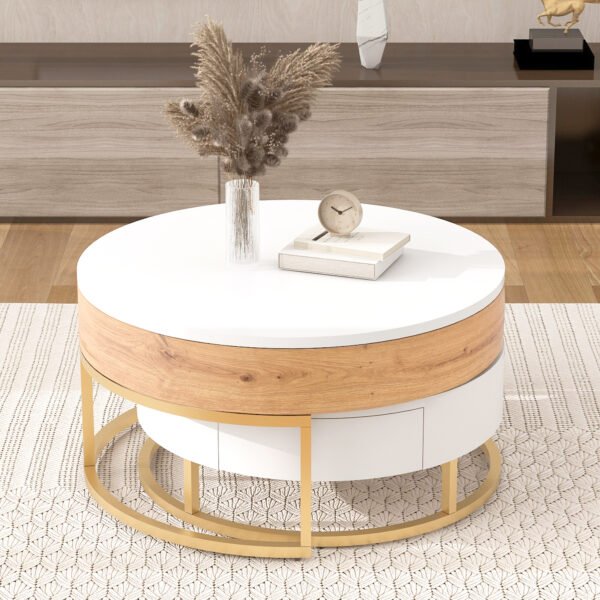 Modern Round Lift-top Nesting Coffee Tables with 2 Drawers White & Natural - Image 8