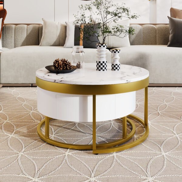 Modern Round Nesting Coffee Table with Drawers in White - Image 5