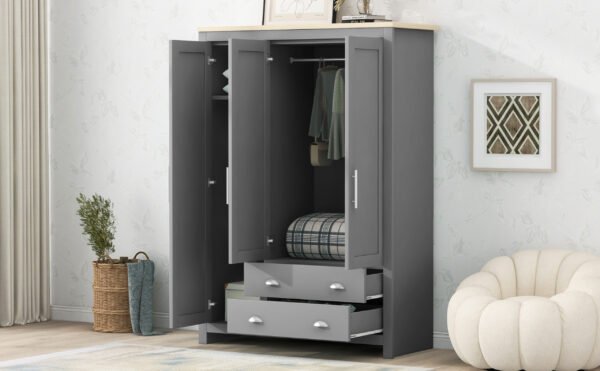 Three Door Storage Wardrobe with Cabinets and Two Hanging Rods,Gray - Image 12