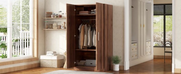 2-Door Wooden Wardrobe Armoire with 3 Storage Shelves  Brown - Image 11