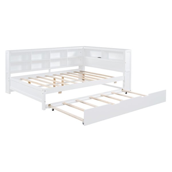 Wooden Full Size DayBed with Twin Size Trundle, DayBed with Storage Shelf and USB Charging Ports,White - Image 5