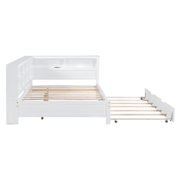 Wooden Full Size DayBed with Twin Size Trundle, DayBed with Storage Shelf and USB Charging Ports,White - Image 13