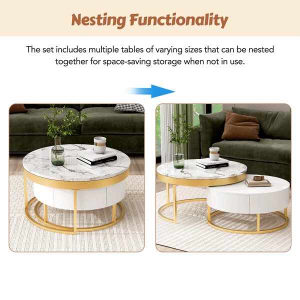 Modern Round Nesting Coffee Table with Drawers in White - Image 10