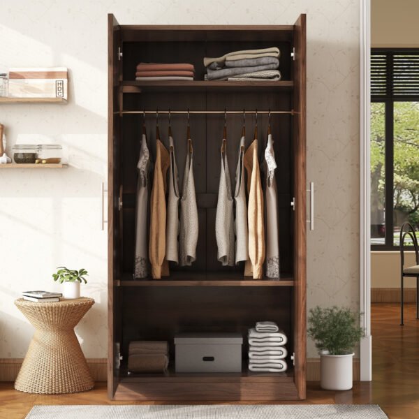 2-Door Wooden Wardrobe Armoire with 3 Storage Shelves  Brown - Image 5