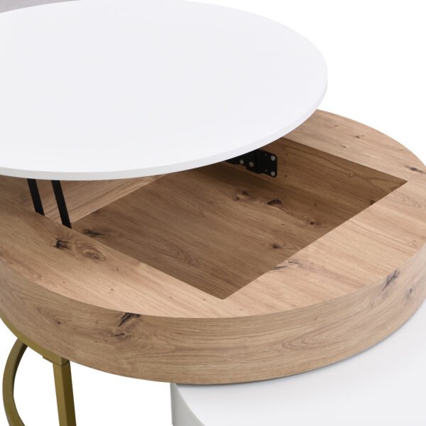 Modern Round Lift-top Nesting Coffee Tables with 2 Drawers White & Natural - Image 19