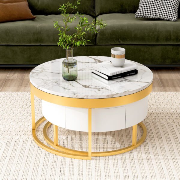 Modern Round Nesting Coffee Table with Drawers in White - Image 14