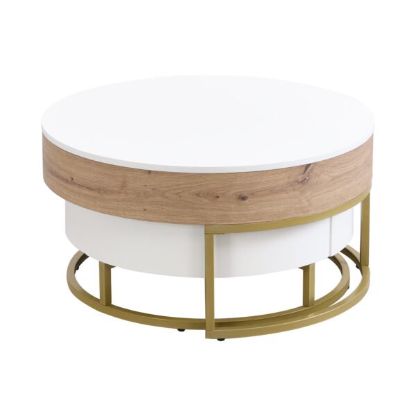 Modern Round Lift-top Nesting Coffee Tables with 2 Drawers White & Natural - Image 22