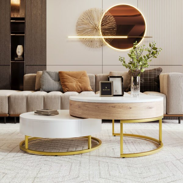 Modern Round Lift-top Nesting Coffee Tables with 2 Drawers White & Natural - Image 2