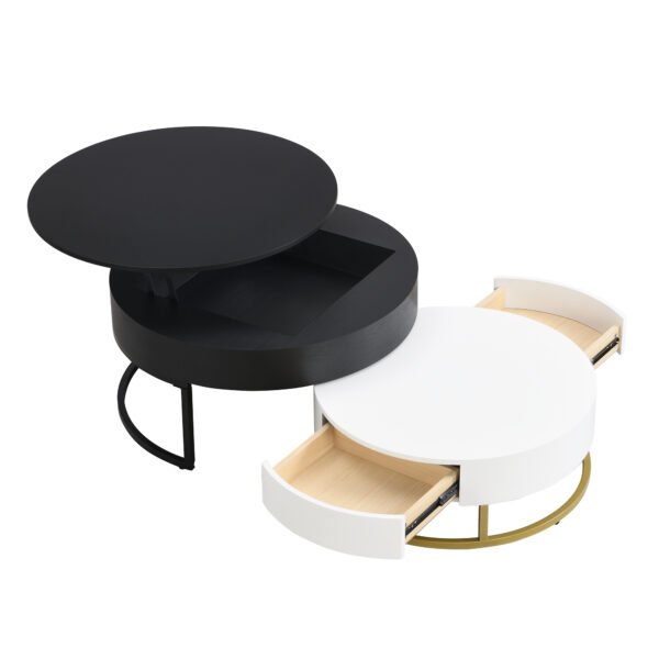 Modern Round Lift-top Nesting Coffee Tables with 2 Drawers White & Black - Image 15