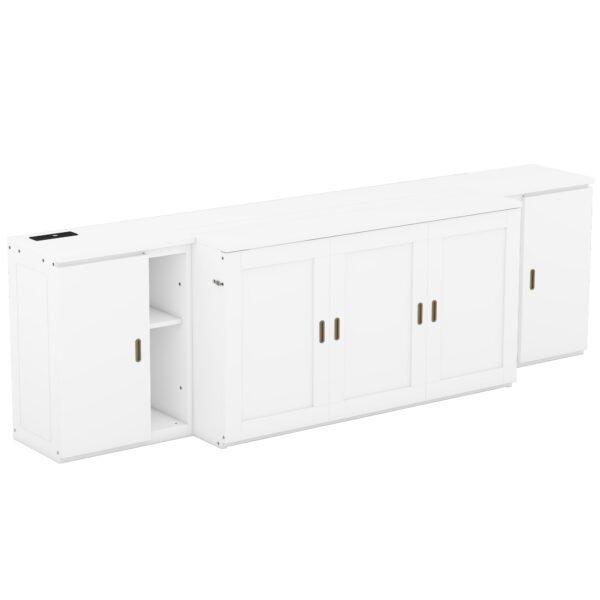 Queen Size Murphy Bed with Shelves, Cabinets and USB Ports,White - Image 6