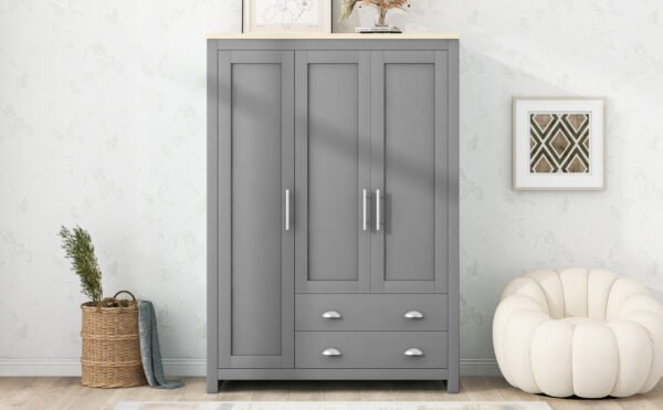 Three Door Storage Wardrobe with Cabinets and Two Hanging Rods,Gray - Image 11