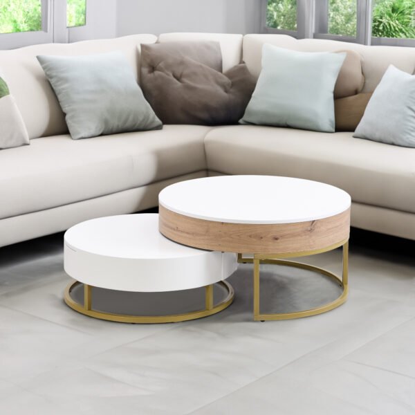 Modern Round Lift-top Nesting Coffee Tables with 2 Drawers White & Natural