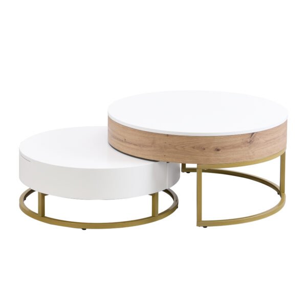 Modern Round Lift-top Nesting Coffee Tables with 2 Drawers White & Natural - Image 15