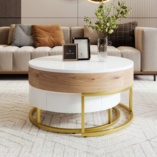 Modern Round Lift-top Nesting Coffee Tables with 2 Drawers White & Natural - Image 4