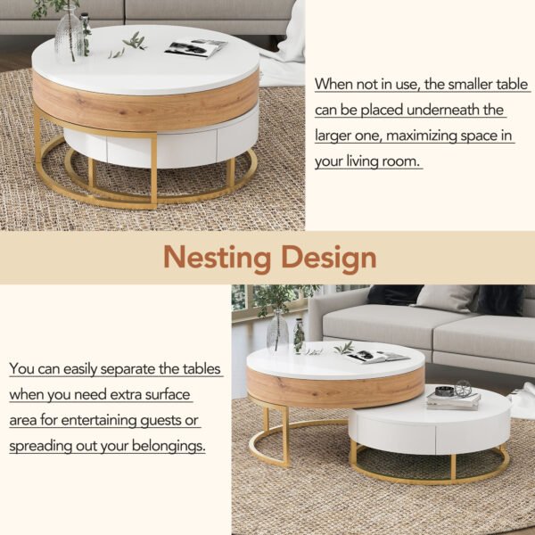 Modern Round Lift-top Nesting Coffee Tables with 2 Drawers White & Natural - Image 9