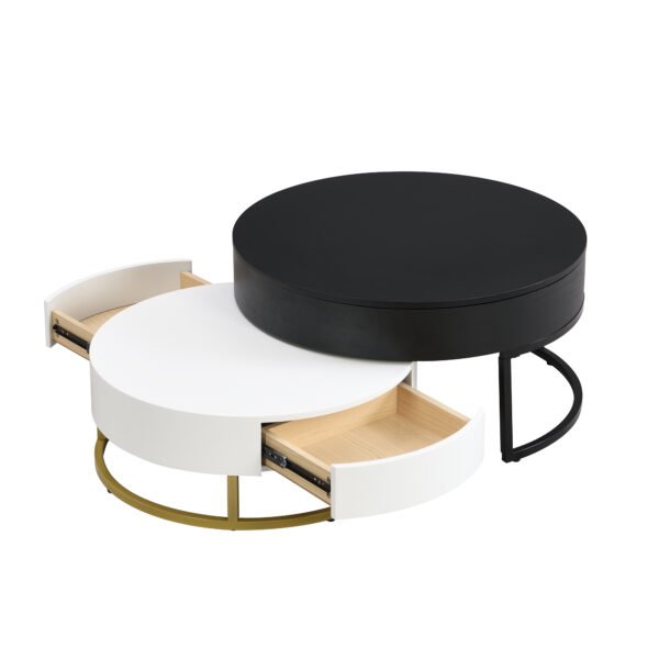 Modern Round Lift-top Nesting Coffee Tables with 2 Drawers White & Black - Image 20