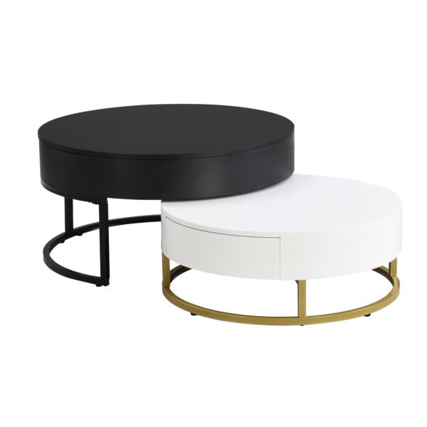 Modern Round Lift-top Nesting Coffee Tables with 2 Drawers White & Black - Image 17