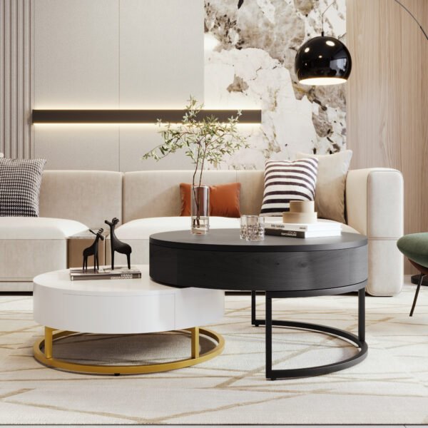 Modern Round Lift-top Nesting Coffee Tables with 2 Drawers White & Black - Image 3