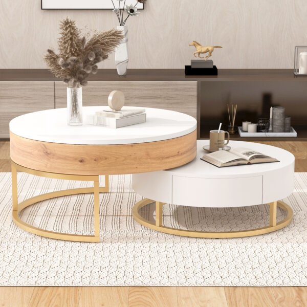 Modern Round Lift-top Nesting Coffee Tables with 2 Drawers White & Natural - Image 10