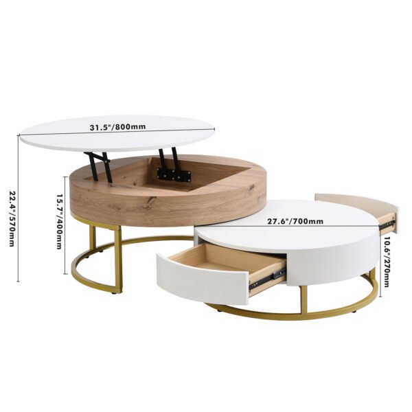 Modern Round Lift-top Nesting Coffee Tables with 2 Drawers White & Natural - Image 17