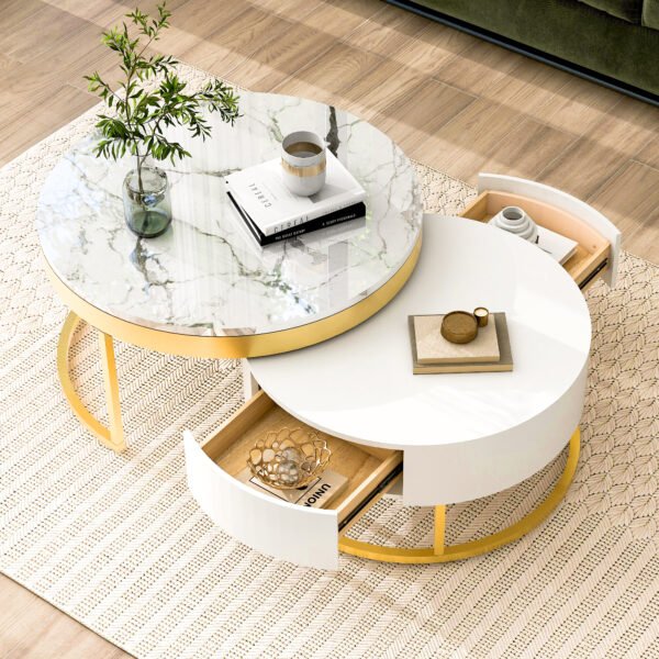 Modern Round Nesting Coffee Table with Drawers in White - Image 9