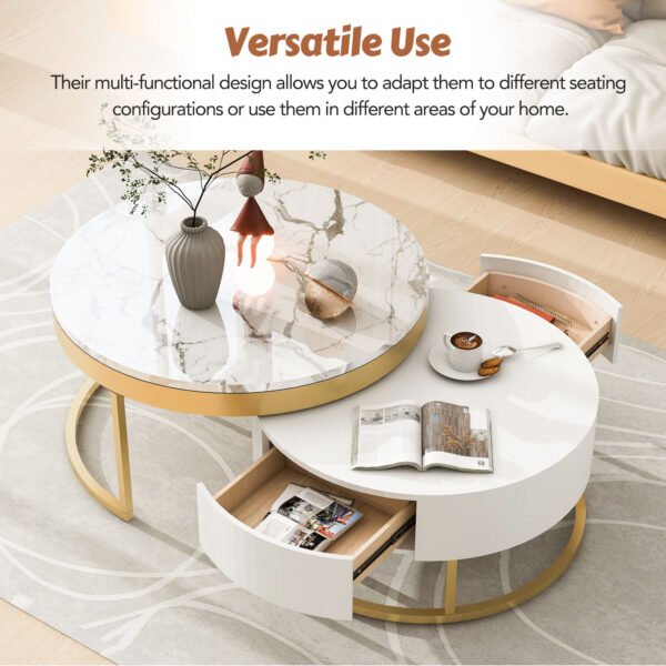 Modern Round Nesting Coffee Table with Drawers in White - Image 13