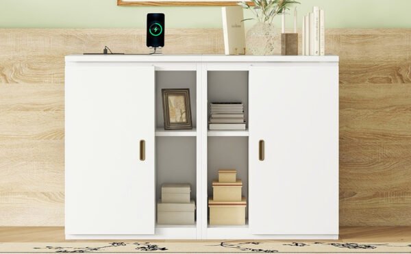 Full Size Murphy Bed with Shelves, Cabinets and USB Ports,White - Image 9