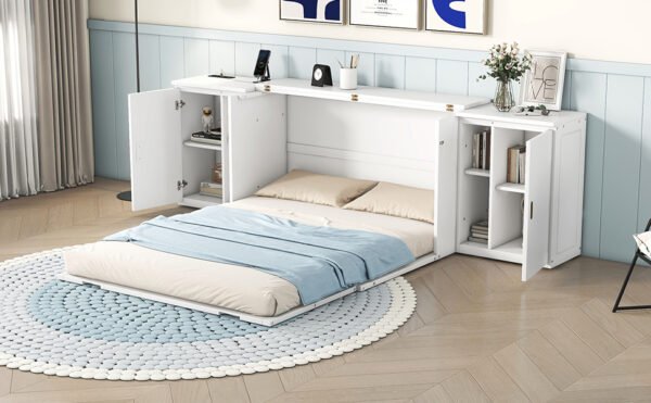 Queen Size Murphy Bed with Shelves, Cabinets and USB Ports,White - Image 9