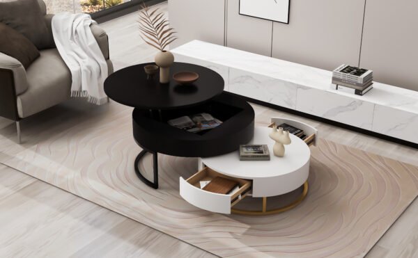 Modern Round Lift-top Nesting Coffee Tables with 2 Drawers White & Black - Image 6