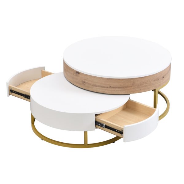 Modern Round Lift-top Nesting Coffee Tables with 2 Drawers White & Natural - Image 18